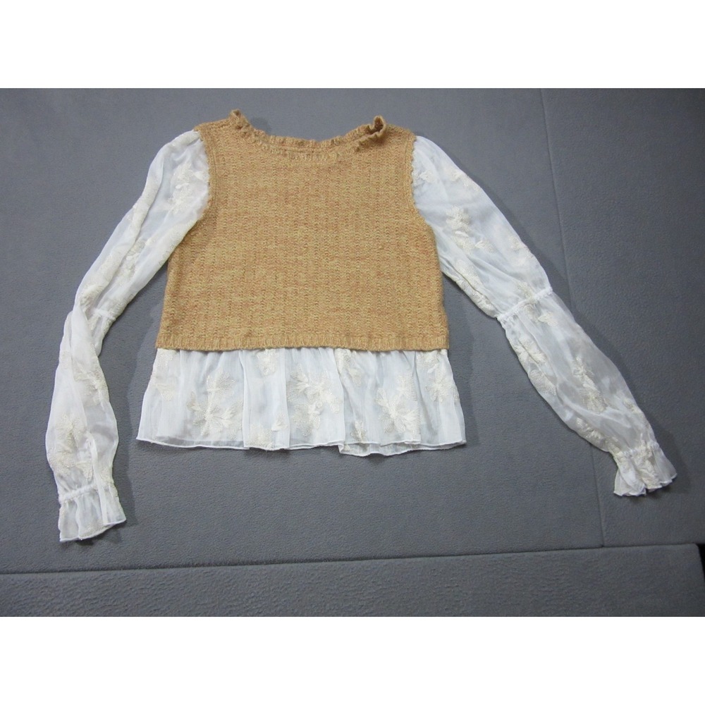Anthropologie Sweater Womens Small White Brown Sheer Floral Layered Knit Ruffle